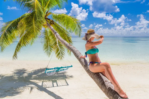 Tanned beautiful and sexy girl in a straw hat and glasses looking at summer beach view. Summer beach landscape, tropical sea with palm tree leaves. Relaxing woman on palm tree, enjoying summer mood, vibes. Exotic beach scenery, carefree and freedom