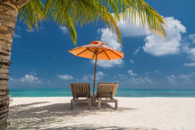 Güzel Maldivler adası plaj manzarası. Yaz tatili ve tatil geçmişi için sandalyeleri ve şemsiyesi olan lüks bir otel. Egzotik tropikal plaj konsepti, çift varış noktası. Şaşırtıcı doğa manzarası