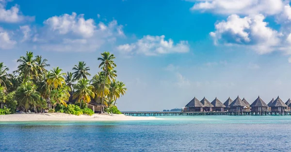 Amazing aerial landscape in Maldives islands. Perfect blue sea and coral reef view from drone or plane. Exotic summer travel and vacation landscape, over water villas and bungalows. Luxury resort, exotic destination. Freedom, getaway concept