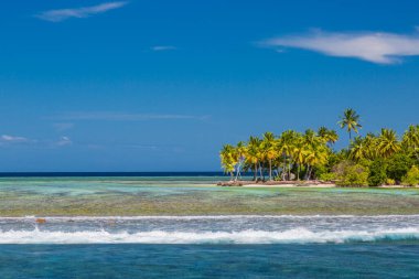 Mavi mercan denizi ve ada manzarası. Adaya yakın resifleri, beyaz kumları ve palmiye ağaçları olan inanılmaz deniz kıyıları. Tropik cennet, hava manzarası. Egzotik tatil beldesi, sörf konsepti, rahatlatıcı dalgalar ve doğa manzarası