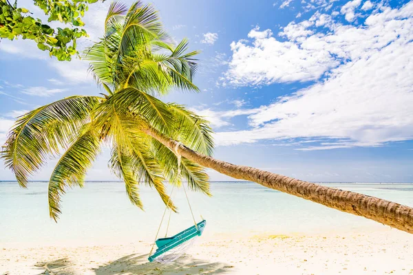 热带海滩背景为夏季景观 有棕榈树上的海滩秋千或吊床 白沙滩和平静的大海作为海滩横幅 理想的海滩景致假期及暑假概念 豪华旅游目的地 — 图库照片