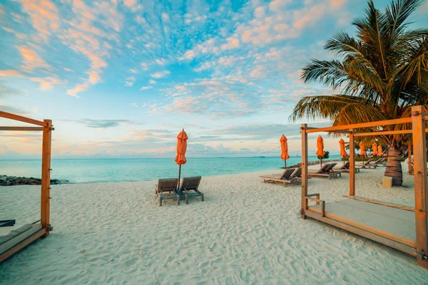 Strandbaldachin Mit Liegestühlen Und Sonnenschirmen Tropischen Sandstrand Mit Kokosnusskresse Bei — Stockfoto