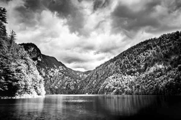 Beautiful reflections of alps lake. Dramatic mountain landscape, black and white process, cloudy sky, dark nature scenery. Forest and lake with cliffs in alpine mountain, artistic natural environment