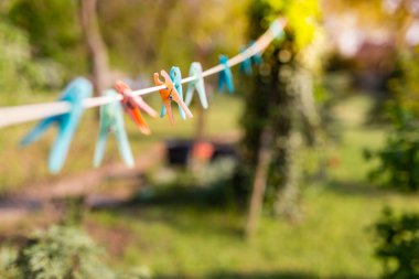 İpte mavi iğne, ıslak renkli iğneler dışarıda sırayla asılı ev bahçesinde yağmurdan sonra doğal güneş ışığı altında yeşil çevre arka planında.