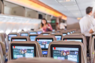 Dubai, BAE - 12.10.2018: Emirates A380-800 dahili. Emirlik, Etihad Havayolları ile birlikte Birleşik Arap Emirlikleri 'nin iki bayrak taşıyıcısından biridir..