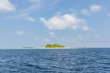 Hint Okyanusu 'ndaki tropik ada. Palmiye ağaçları olan ıssız ve vahşi subtropikal bir ada. Tropik bir adada boş kum. Maldivler 'in inanılmaz uzun beyaz kumlu plajı.