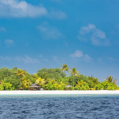 Hint Okyanusu 'ndaki tropik ada. Palmiye ağaçları olan ıssız ve vahşi subtropikal bir ada. Tropik bir adada boş kum. Maldivler 'in inanılmaz uzun beyaz kumlu plajı.