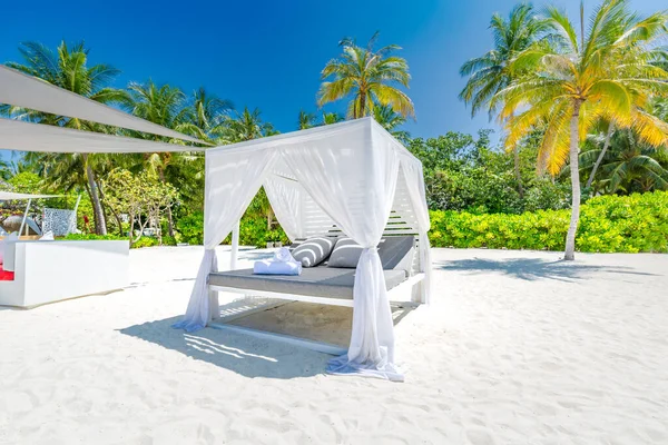 Incredibile Sfondo Vacanza Estiva Paesaggio Lusso Spiaggia Con Baldacchino Bianco — Foto Stock