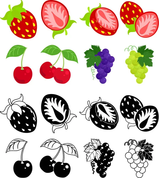 Die Süßen Ikonen Von Erdbeere Und Kirsche Und Trauben Und — Stockvektor