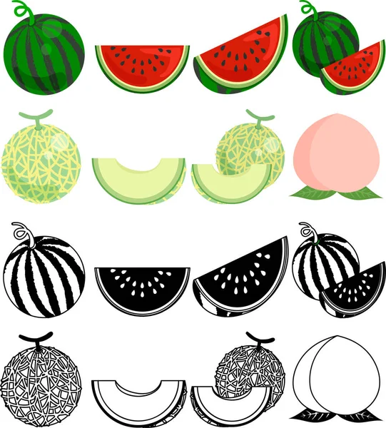 Die Niedlichen Ikonen Wassermelone Und Melone Und Pfirsich — Stockvektor
