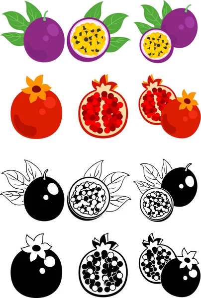 Die Süßen Ikonen Der Passionsfrucht Und Des Granatapfels — Stockvektor