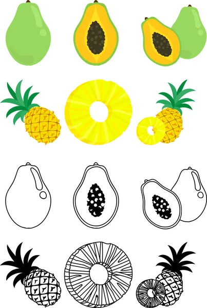 Schattige Iconen Van Papaya Ananas — Stockvector