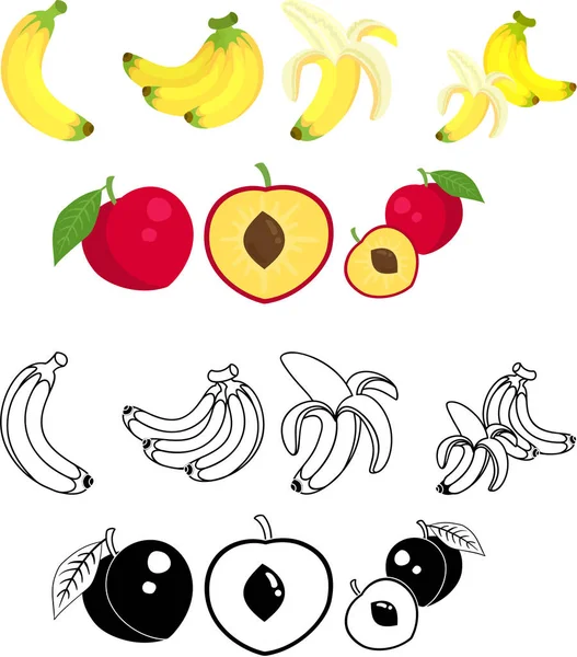 Cute Icons Banana Plum — Stock Vector