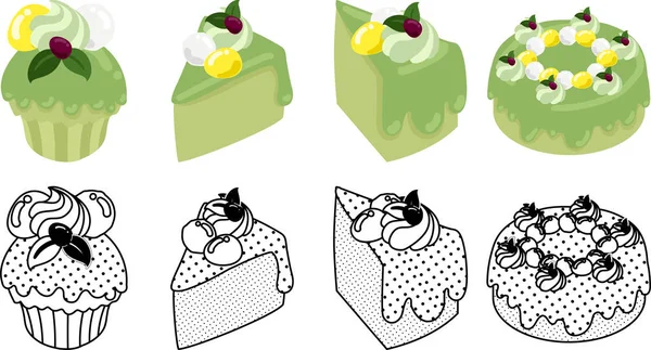 Χαριτωμένα Εικονίδια Του Πράσινου Τσαγιού Chiffon Κέικ — Διανυσματικό Αρχείο