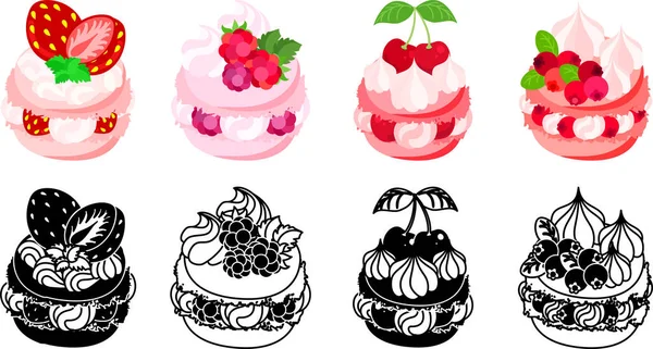 Les Icônes Macaron Décorées Avec Fraise Framboise Cerise Canneberge Etc — Image vectorielle