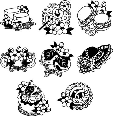 Jöle, makarna, pasta, taç, şapka ve turta gibi kiraz çiçeklerinin tatlı ikonları.