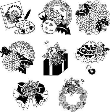 Tuval, kurdele, hediye, şemsiye ve çelenk gibi şirin karahindiba simgeleri.