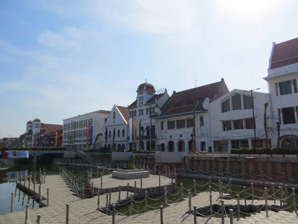 JAKARTA, INDONESIA - July 7, 2018: Old buildings beside Krukut River on Kali Besar, Kota Tua.