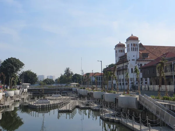 JAKARTA, INDONESIA - July 7, 2018: Old buildings beside Krukut River on Kali Besar, Kota Tua.