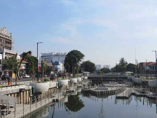 JAKARTA, INDONESIA - July 7, 2018: Old buildings beside Krukut River on Kali Besar, Kota Tua.