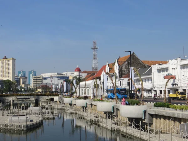 JAKARTA, INDONESIA - July 7, 2018: Old buildings beside Krukut River on Kali Besar, Kota Tua.
