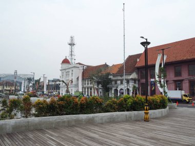 JAKARTA, INDONESIA - August 7, 2018: Vintage Dutch colonial buildings beside Krukut River on Kali Besar, Kota Tua.