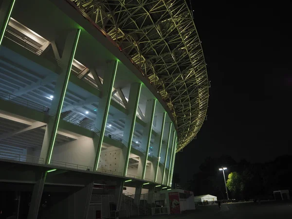 Jakarta Indonésie Října 2018 Barevná Světla Osvětlují Fasáda Hlavní Stadion — Stock fotografie