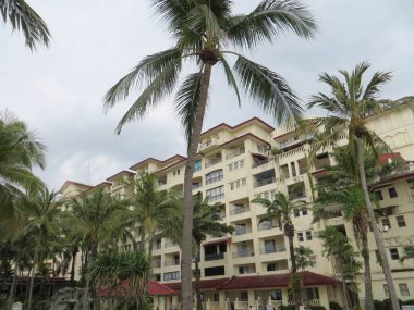 Anyer, Endonezya - 26 Haziran 2018: Marbella Anyer otel, İspanyol tarzı Java deniz manzaralı bina.