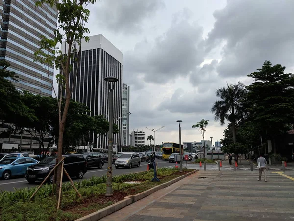 Jakarta Indonesien Februar 2019 Breiter Fußgängerweg Auf Jalan Sudirman Rund — Stockfoto