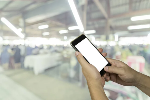 Image Smart Phone Man Hand Isolate Blurred Food Market Background — Stock Photo, Image