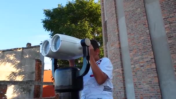 Child Looking Panorama Big White Binoculars — Stock Video