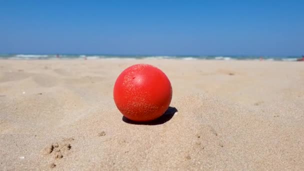 Piros Labdát Egy Napsütötte Reggelen Nap Strandon — Stock videók