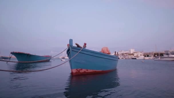 Wooden Boat Moored Calm Sea Dawn — Stock Video