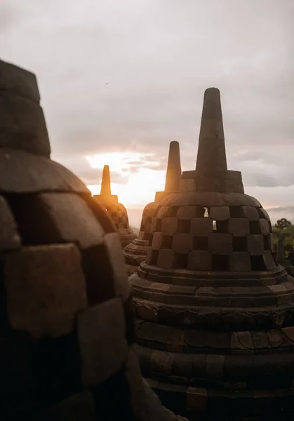 Stupas Borobudur Temple Coucher Soleil — Photo