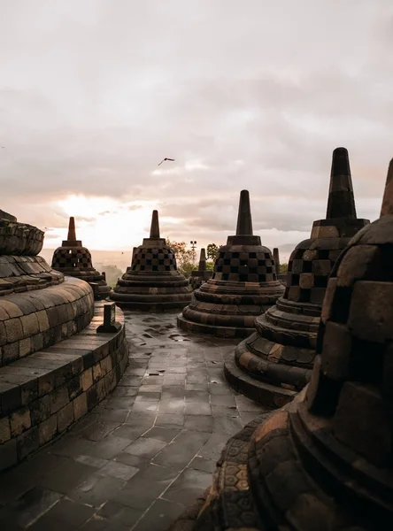 Stupas Borobudur Templo Puesta Del Sol Cielo — Foto de Stock