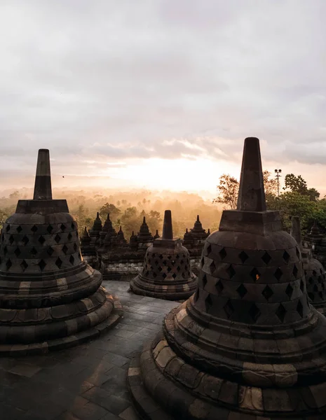 Stupas Borobudur Temple Och Solnedgång Sky — Stockfoto