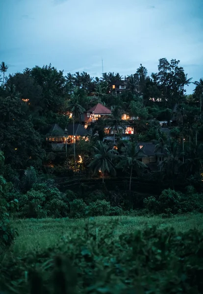 Nature Indonésienne Coucher Soleil Lumières Éclairées Dans Les Maisons — Photo