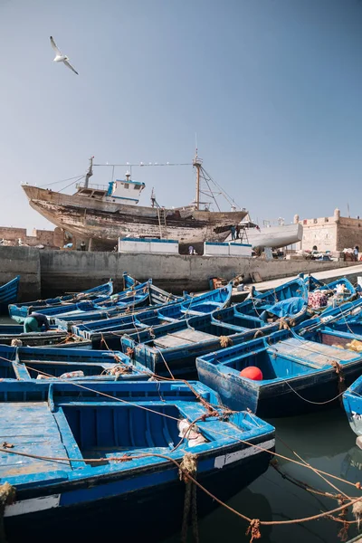 Malerischer Blick Auf Blaue Boote Der Bucht Essaueira Marokko — Stockfoto