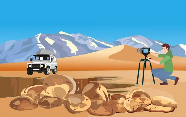 Fényképész Sivatagban Sivatagi Táj Vektor — Stock Vector