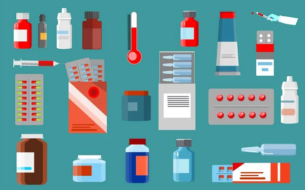 İlaçlar ayarlandı, vektör illüstrasyonu, beyazda izole edildi