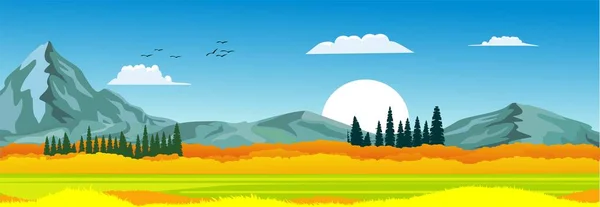Banner horizontaal natuurlijk landschap, blauwe lucht met wolken, bergen, heuvels en bos, vector illustratie — Stockvector