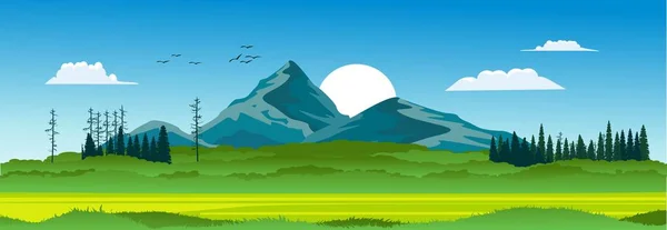 Banner horizontaal natuurlijk landschap, blauwe lucht met wolken, bergen, heuvels en bos, vector illustratie — Stockvector