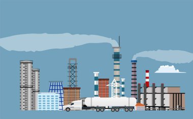 Fabrikaları, santralleri, binaları, sanayi şehrini gösteren bir sanayi manzarasının vektör çizimi