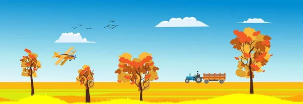 Horozontale banner Herfst landschap landschap met heuvels, bomen en herfstbladeren, blauwe lucht bewolkt — Stockvector