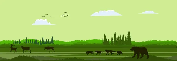 Grüne Vektorlandschaft mit Silhouetten von Bergen, Bäumen, Hirschen, Wölfen und Bären. Banner horizontal — Stockvektor
