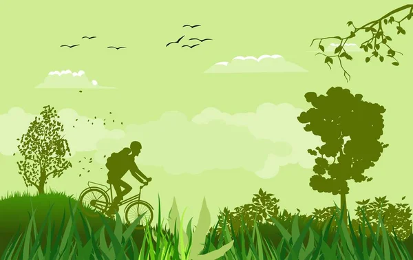 Groene Vector landschap met silhouetten van fietsers, bomen, avontuur tijd thema. — Stockvector