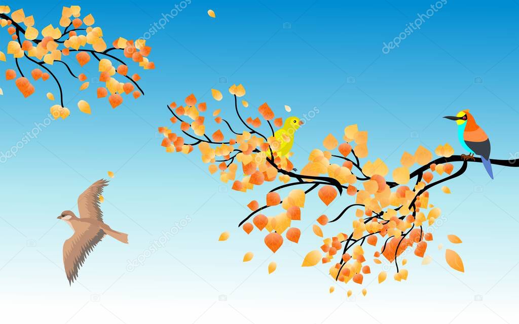 Kingfisher on branches of golden autumn trees, vector illustration