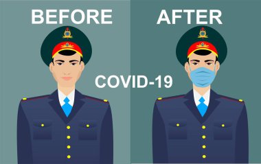 Kazak polis memurları üniformalı ve maskeli, Kazakistan 'da pandemia coronavirüs durumu