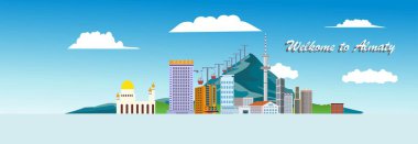 Seyahat posteri, kartpostal ve daha fazlası için düz stil vektör illüstrasyonunda Kazak cityl Almaty 'nin Panorama görünümü