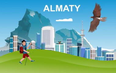 Seyahat posteri, kartpostal ve daha fazlası için düz stil vektör illüstrasyonunda Kazak cityl Almaty görünümü